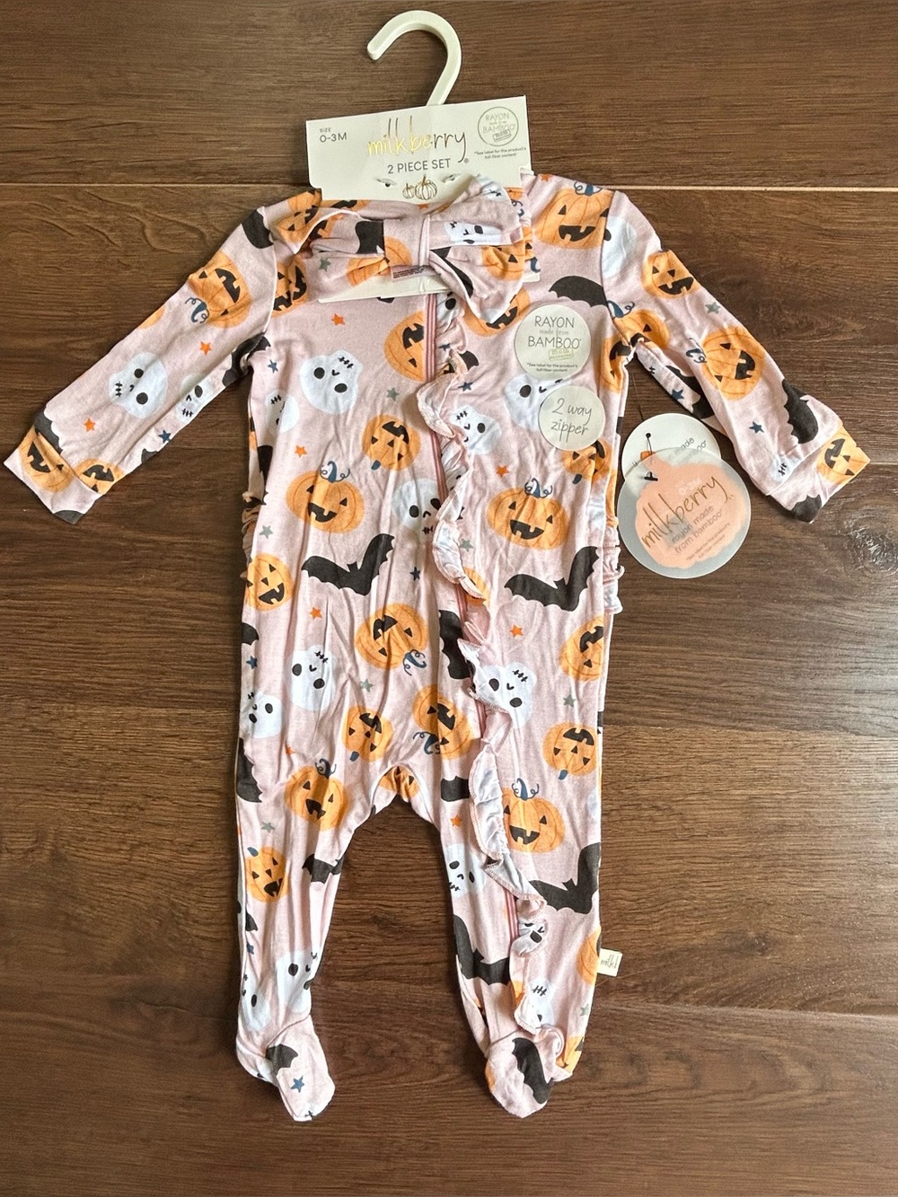 Milkberry Halloween Ruffle Bamboo Footie & Bow Set 0-3m Pumpkin Skull Bat